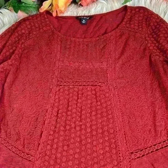 Lucky Brand Boho Peasant Crochet Lace Red 3/4 Sleeve Top, M - Picture 4 of 10